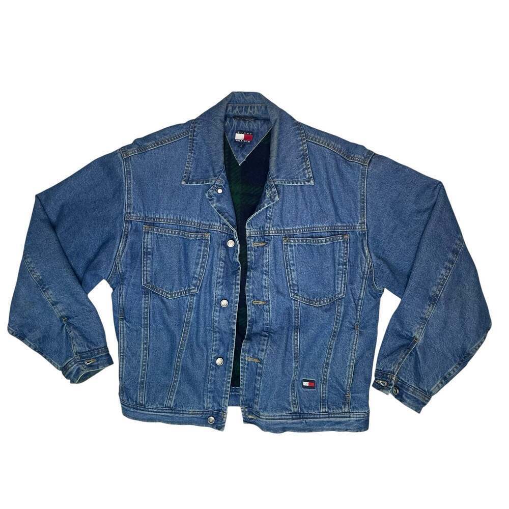 Vintage Tommy Hilfiger Denim Jacket Plaid Lined Kids Size L 6/6X Blue